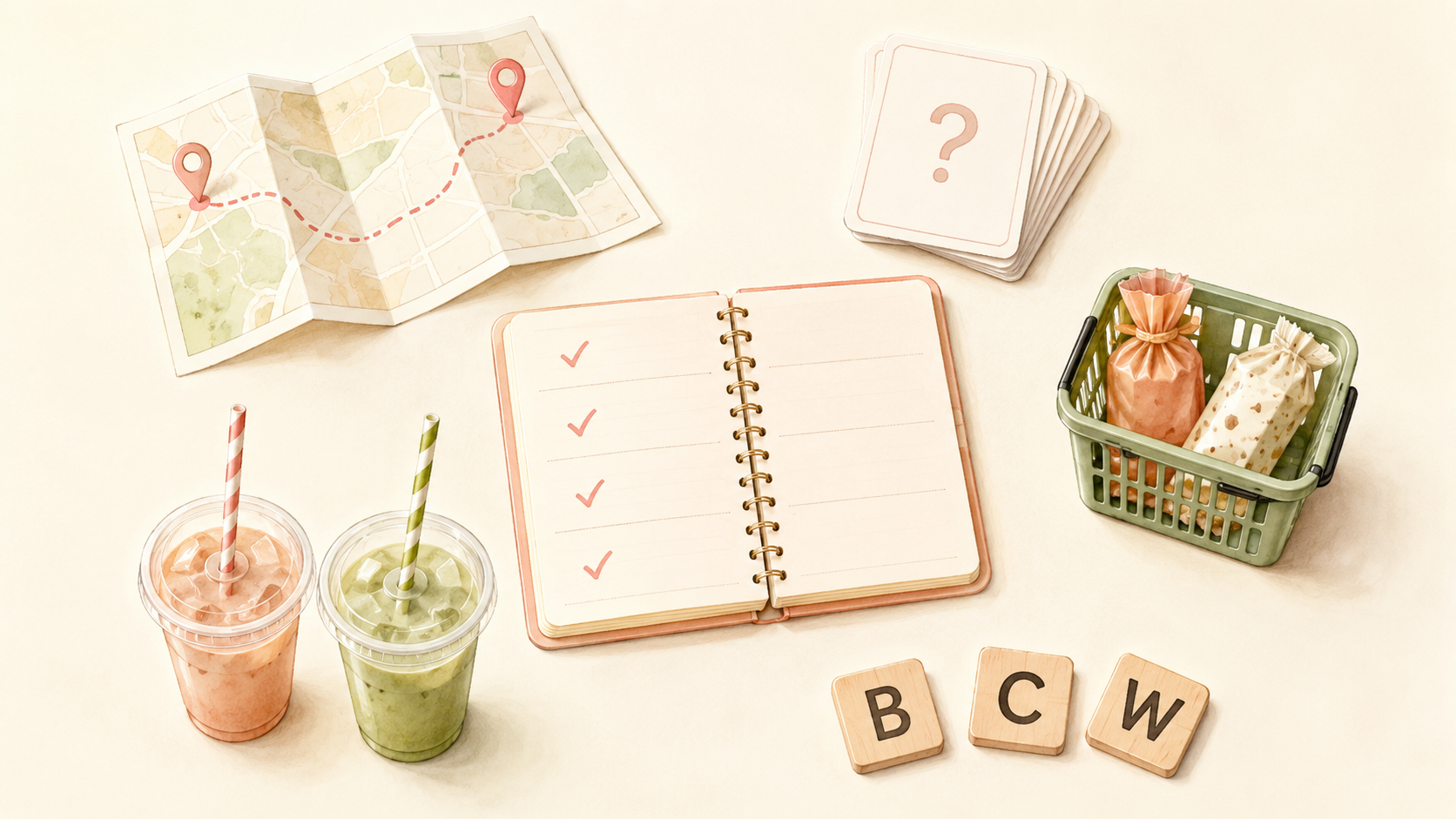 A notebook with a map, two drinks and a small shopping basket.