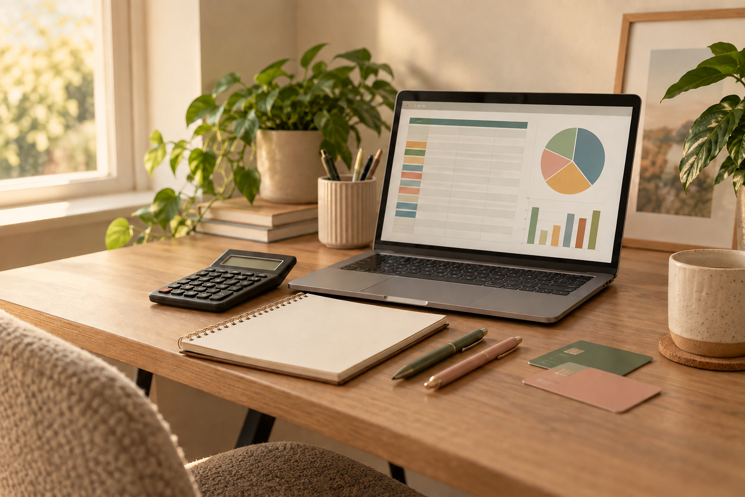 Laptop showing a budget spreadsheet beside a calculator and notebook on a wooden desk.