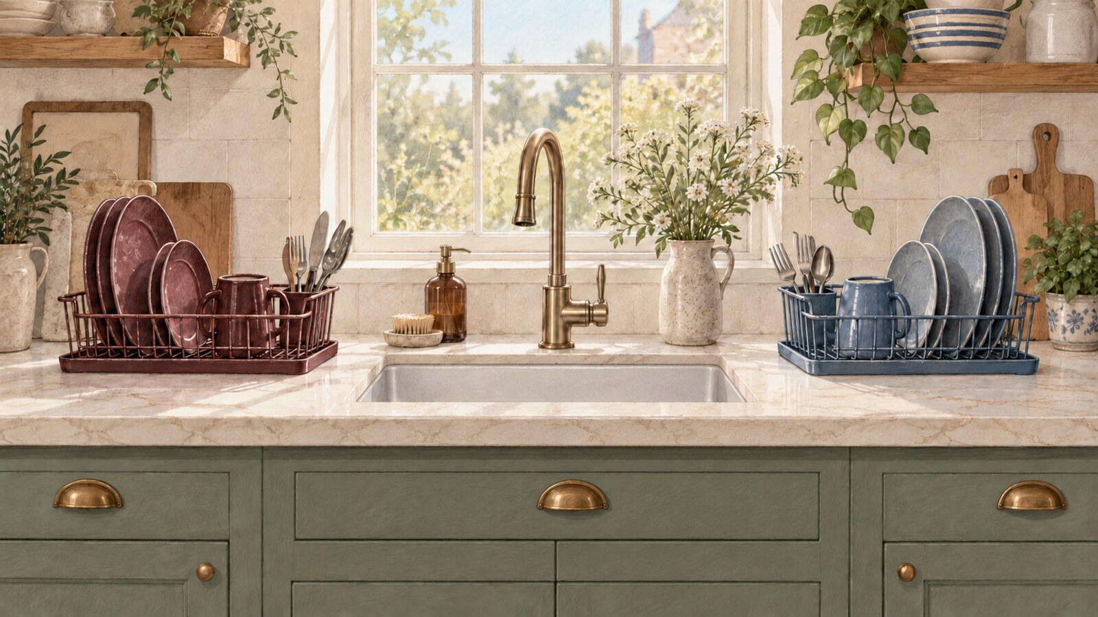 Separate fleishig and milchig dish racks beside a kitchen sink.