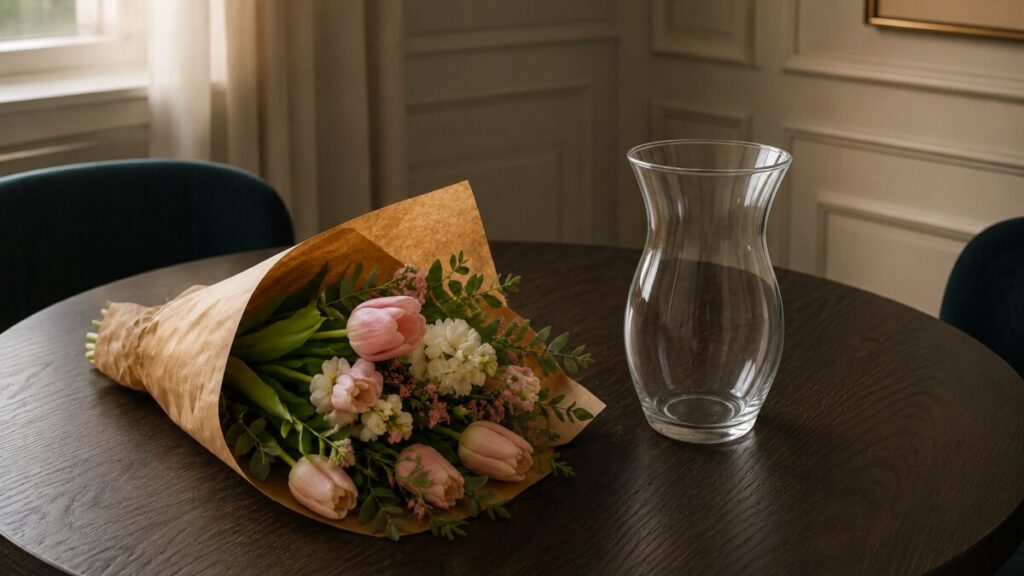 A bouquet of flowers beside a vase on a dining table.