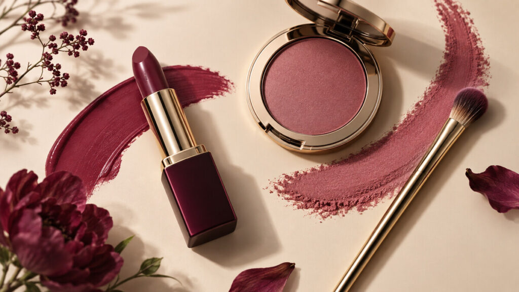 Berry makeup products arranged on a cream background, including a lipstick, blush compact, makeup brush and berry-toned swatches.