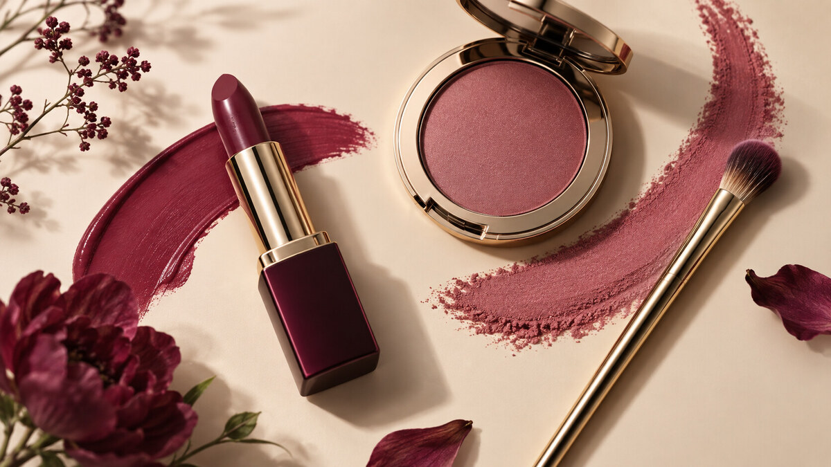 Berry makeup products arranged on a cream background, including a lipstick, blush compact, makeup brush and berry-toned swatches.