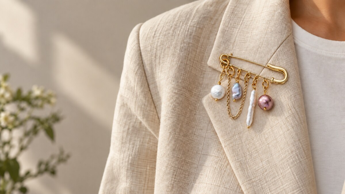 Close-up of a colourful pearl safety-pin brooch attached to the lapel of a cream blazer worn over a white T-shirt.